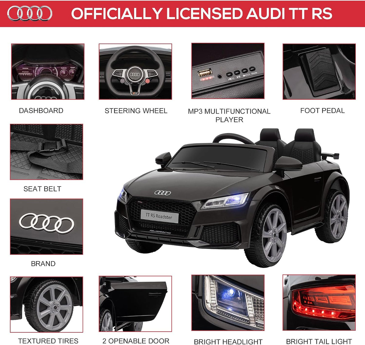 HOMCOM Audi TT RS Licensed 12V Kids' Electric Ride on Car for Kids Black
