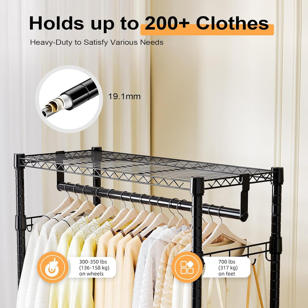 Heavy Duty Rolling Garment Rack 3 Tiers Adjustable Wire Shelving Clothes Rack with 2 Rods and Side Hooks,Storage Closet Clothing Rack with Wheels Black 40 x 75 x 189.3 cm