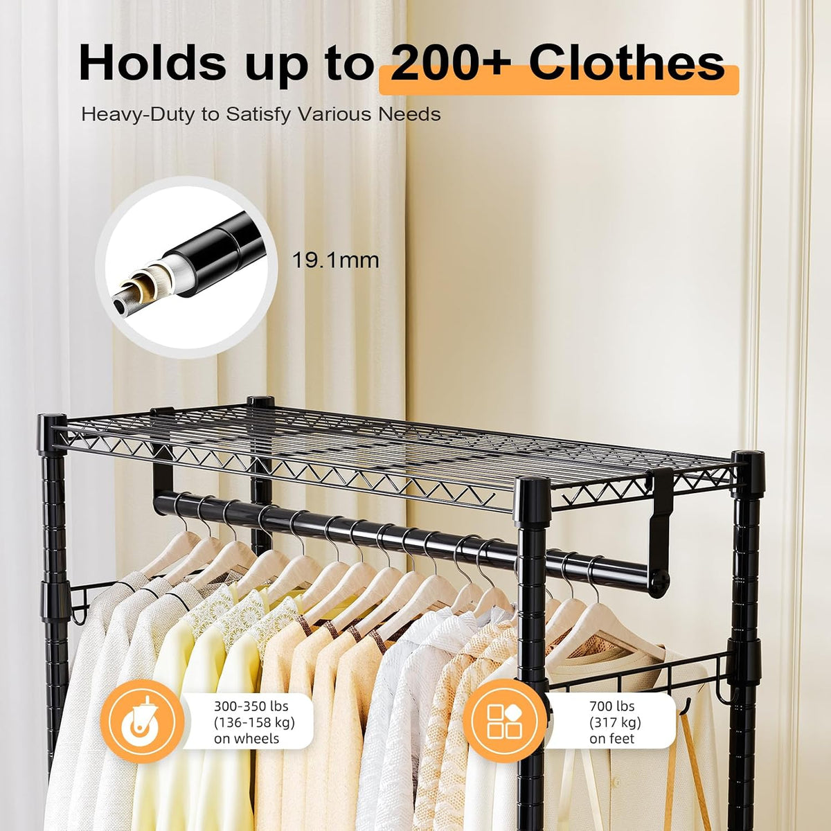 Heavy Duty Rolling Garment Rack 3 Tiers Adjustable Wire Shelving Clothes Rack with 2 Rods and Side Hooks,Storage Closet Clothing Rack with Wheels Black 40 x 75 x 189.3 cm