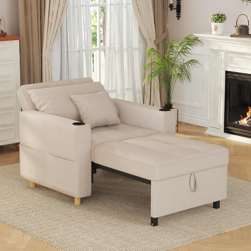3-in-1 Single Sofa Bed Chair, Adjustable with Cup Holders, Beige