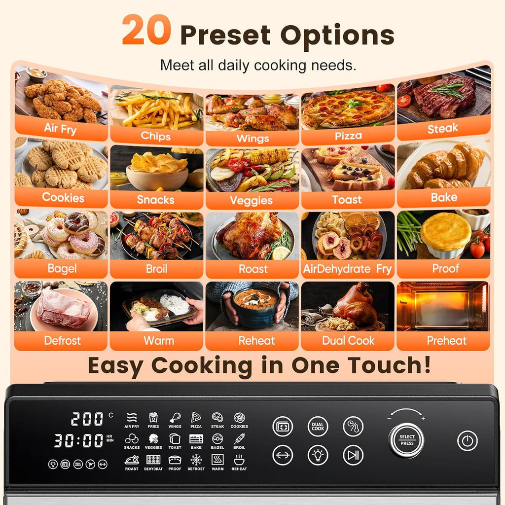 30L Air Fryer Oven, 18 in 1 Presets Dual-Cook Function Air Fryer, 360°Hot Air Circulation Technology/Digital Knob/LED Touch Panel/Timer & Temperature Control, Oil-Less Cooking, 7 Accessories, 1800W
