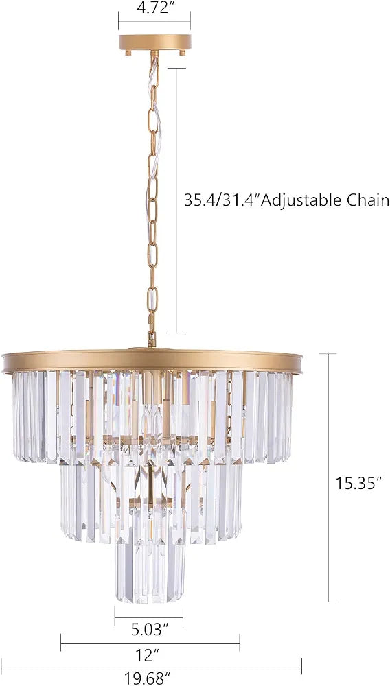 Wellmet 20 inch Gold Crystal Chandelier, 3-Tier Contemporary Modern Bathroom Chandeliers, 7-Light Adjustable Hanging Round Ceiling Light for Bedroom, Entryway, Dining Room, Girls Room, Foyer