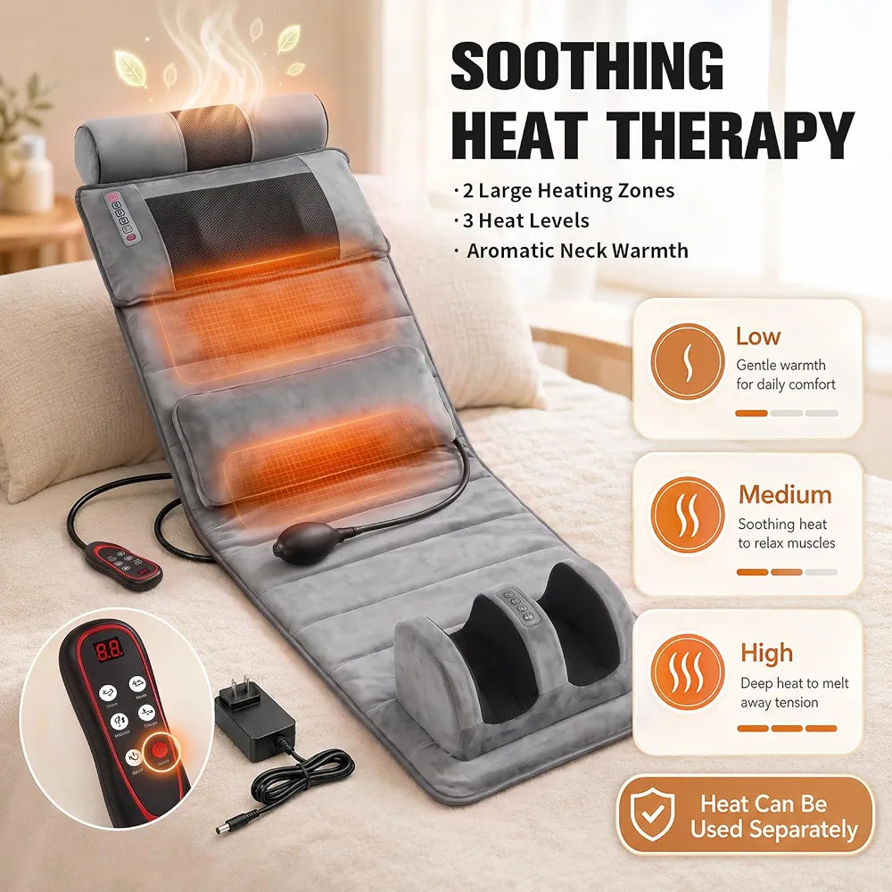 Full Body Massage Mattress – Heated Massage Mat with Detachable Foot Massager, 9 Vibrating Modes, 3 Heat Settings, Relieves Muscle Tension for Back, Neck & Legs, Timer