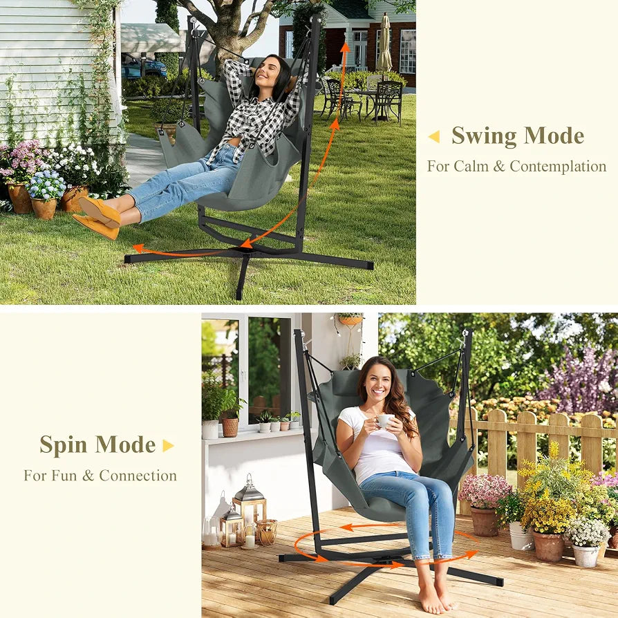 360° Swivel Hammock Swing Chair with Stand - Comfortable Hanging Chair with Cushions  for Indoor/Outdoor Use - Perfect for Bedroom, Patio, Porch, Deck, Garden, Balcony
