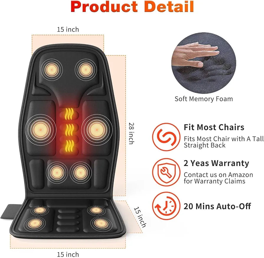 Vibration Back Massager for Chair with Heat, Chair Massager Pad with 8 Vibration, Seat Cushion for Seniors, Office Workers & Family, Fatigue & Pain Relief in Office & Home Use, Gift for Mom/Dad