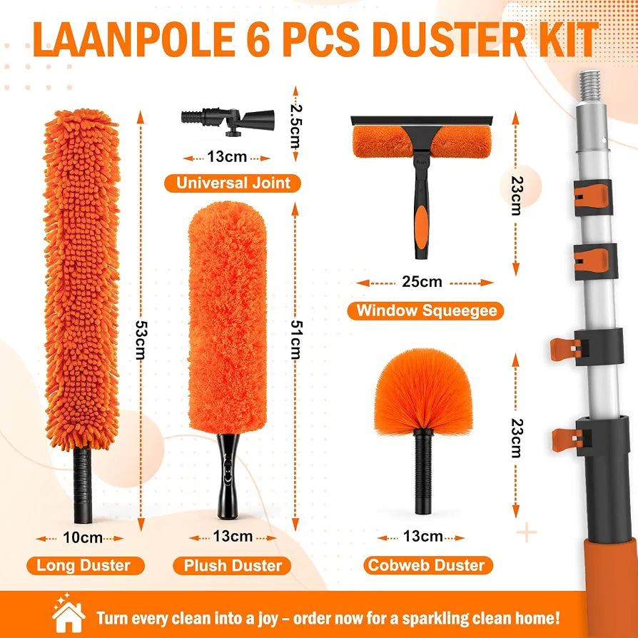 LAANPOLE 9m Feather Duster Kit with Telescopic Pole, Extendable Microfiber Duster for High Ceiling, Long Handled Duster Kit with Cobweb Brush & Telescopic Window Cleaner