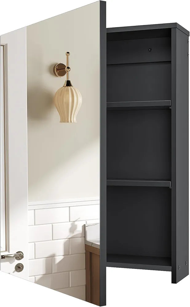 CHOEZON Bathroom Medicine Mirror Cabinet, 45 x 60 cm, Wall-Mounted Bathroom Vanity with Mirror, Medicine Cabinet with Storage Function, Hanging Storage Cabinet, Adjustable Shelves, Black