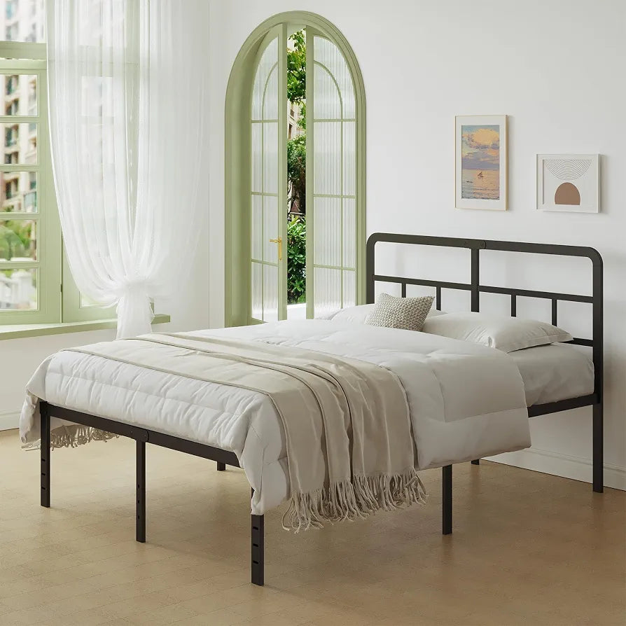 Lutown-Teen Metal Double Bed Frame with Headboard, 36 cm High, White