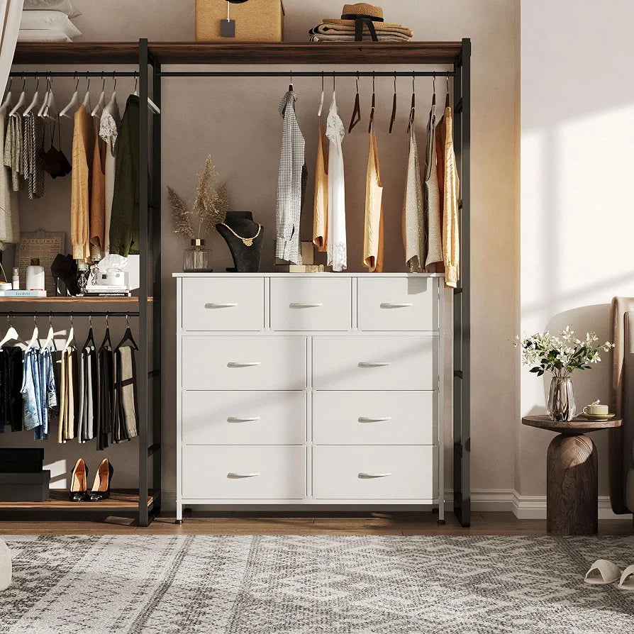 CAIYUN Chest of Drawers with 9 Drawers, Fabric Storage Dresser for Bedroom, Tall Drawer Organizer Unit for Entryway, Hallway, White