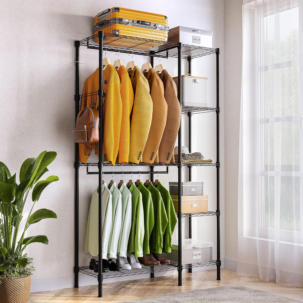 Heavy Duty Clothes Rack: 22mm carbon steel tubes, ideal for heavy coats and long dresses Stable on Any Floor: Suitable for wood, tile, or carpet, keeping your clothes, shoes, and bags