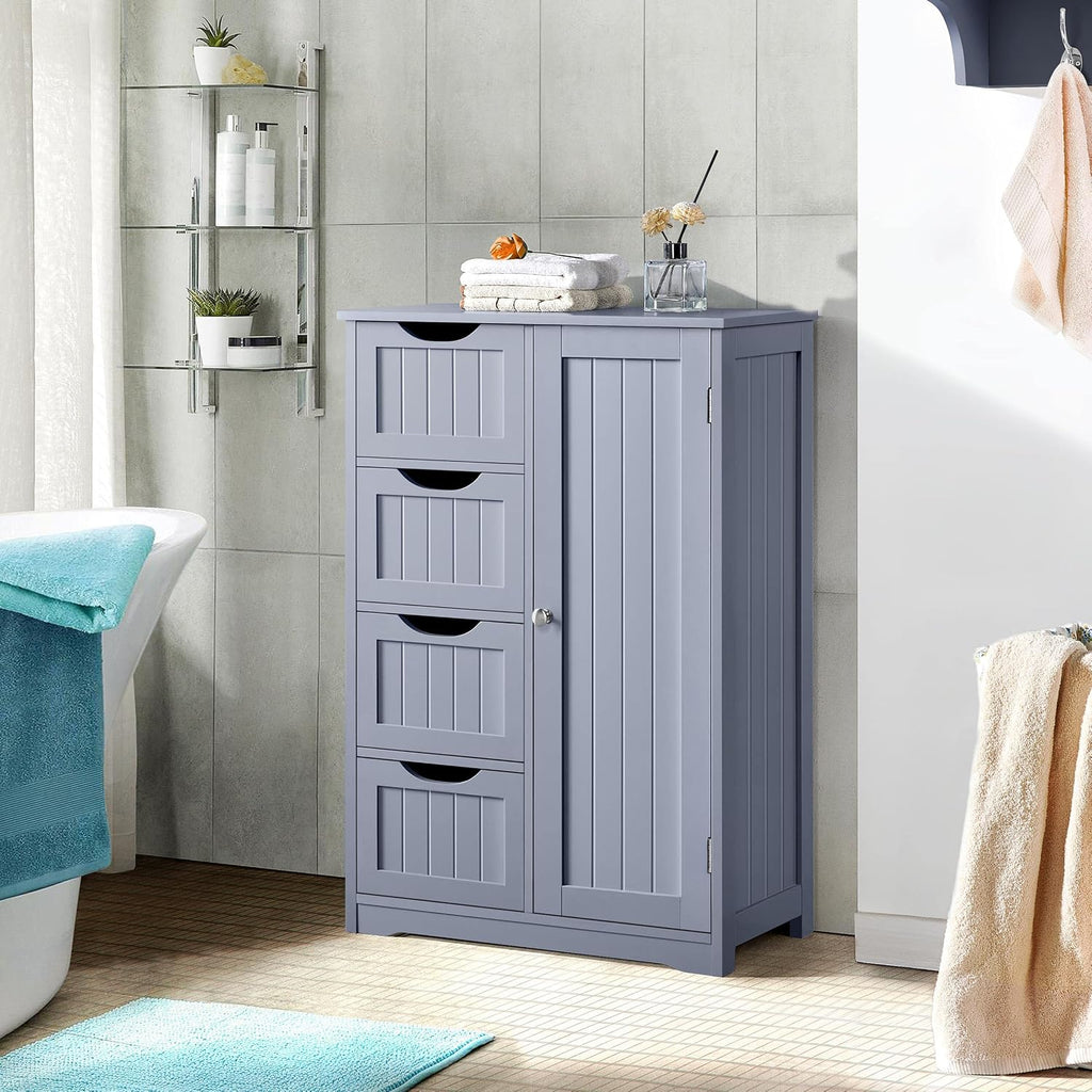Bathroom Floor Cabinet, 4 Drawers & Door, Adjustable Shelf Gray