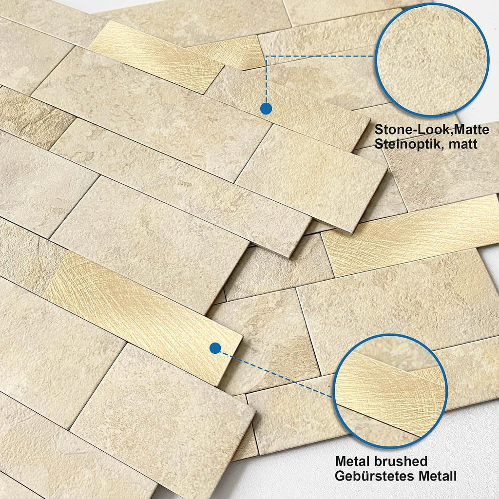 Self Adhesive Wall Tiles Marble Stickers Beige Gold 10pcs