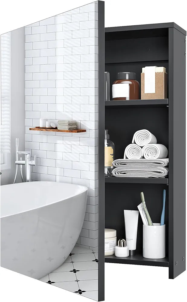 CHOEZON Bathroom Medicine Mirror Cabinet, 45 x 60 cm, Wall-Mounted Bathroom Vanity with Mirror, Medicine Cabinet with Storage Function, Hanging Storage Cabinet, Adjustable Shelves, Black