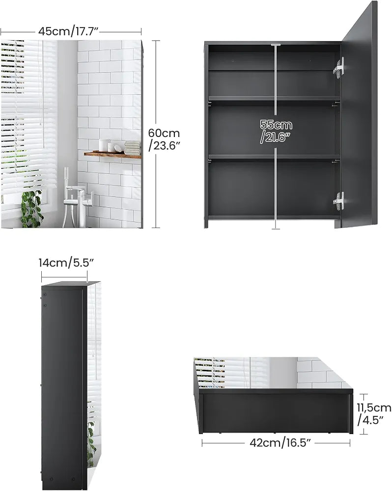 CHOEZON Bathroom Medicine Mirror Cabinet, 45 x 60 cm, Wall-Mounted Bathroom Vanity with Mirror, Medicine Cabinet with Storage Function, Hanging Storage Cabinet, Adjustable Shelves, Black