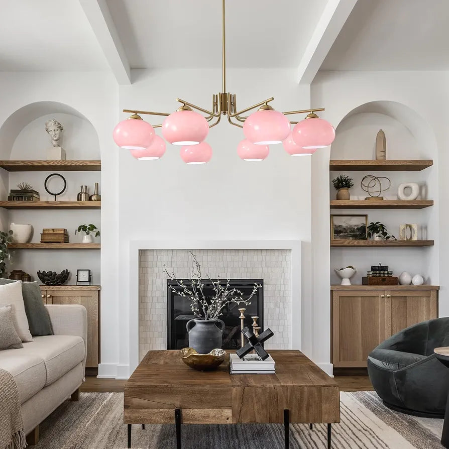 KCO Lighting Vintage Pink Glass Sputnik Chandelier with 8 Lights, Modern Living Room Brushed Brass Semi-Flush Mount Chandelier for Kitchen Island