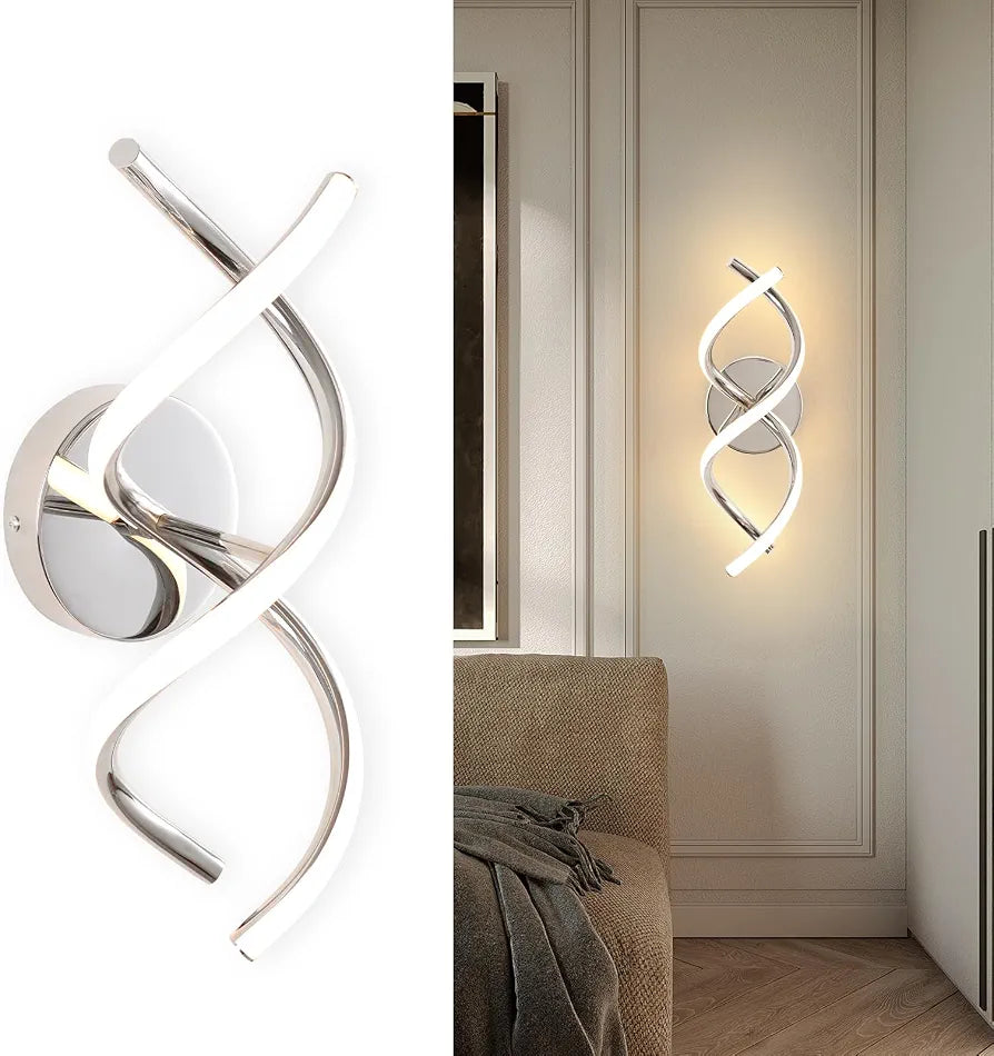 EIDISUNY Wall Lamp LED Silver Modern Elegant Spiral Indoor Wall Lights for Bedside Bedroom Living Room Hallway Bathroom Kitchen Wall Lighting Fixture - Chrome 24W 3000K Warm White Light