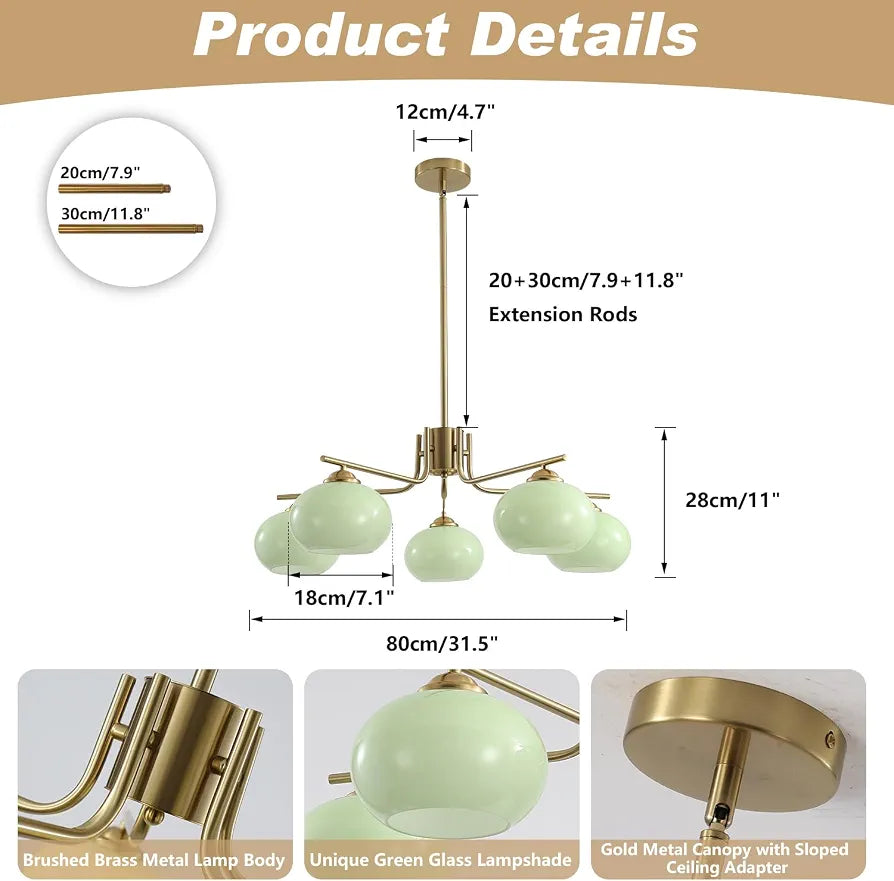 KCO Lighting Green Glass Pendant Light 5 Lights Large Globe Chandelier Brushed Brass Sputnik Chandeliers Mid Century Modern Chandelier Light Fixture for Dining Room Bedroom