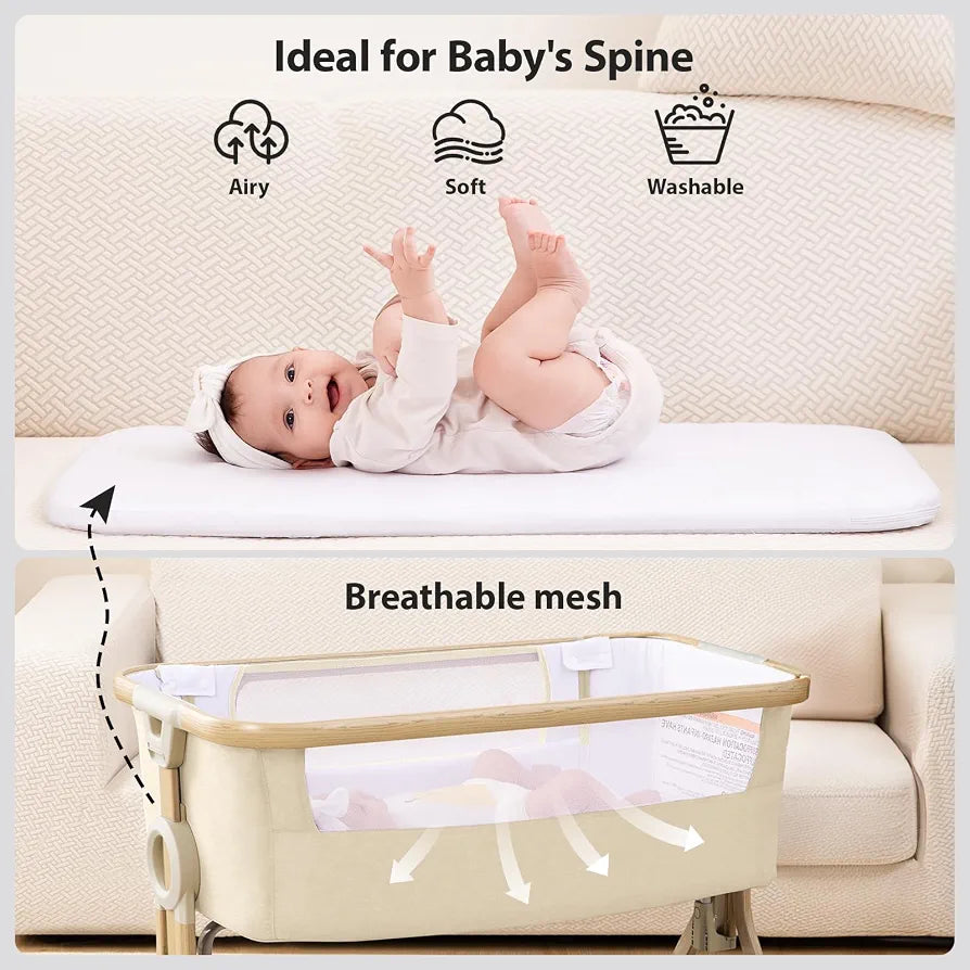 Larex Next To Me Crib，Baby Bassinet Bedside Sleeper Crib Co Sleeper with Mosquito Net, Storage Bag & Basket,Baby Crib with 5-Height Adjustable Levels, Breathable Mattress & Mesh