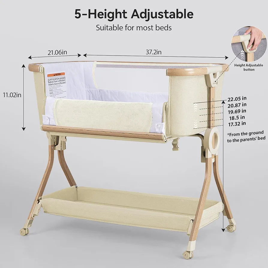 Larex Next To Me Crib，Baby Bassinet Bedside Sleeper Crib Co Sleeper with Mosquito Net, Storage Bag & Basket,Baby Crib with 5-Height Adjustable Levels, Breathable Mattress & Mesh