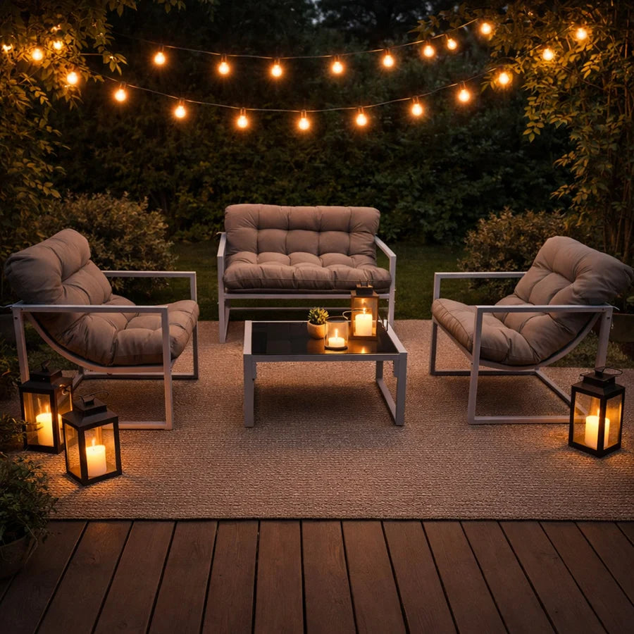 Neo 4 Piece Outdoor Metal Patio Furniture Set with Cushions Glass Table in Grey by Debenhams