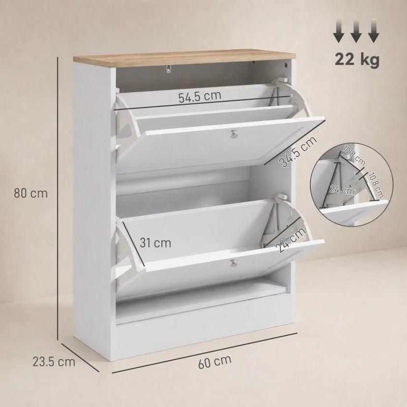 HOMCOM Two Flip Drawer Shoe Cabinet - White