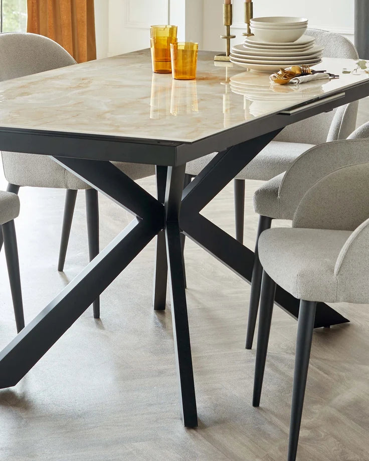 DANETTI HAYDEN 6-8 SEATER EXTENDING DINING TABLE, NATURAL CERAMIC WITH BLACK METAL