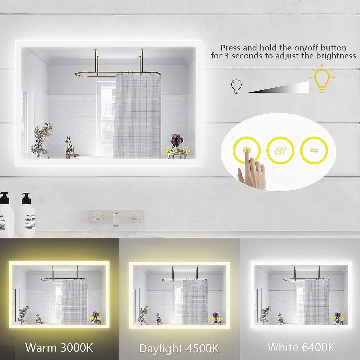 Bathroom Mirror with LED Lights 500x700 mm Illuminated Dimmable Backlit Wall Mounted Vanity Mirror with Anti-Fog 3 Lighting Modes with Demister Pad
