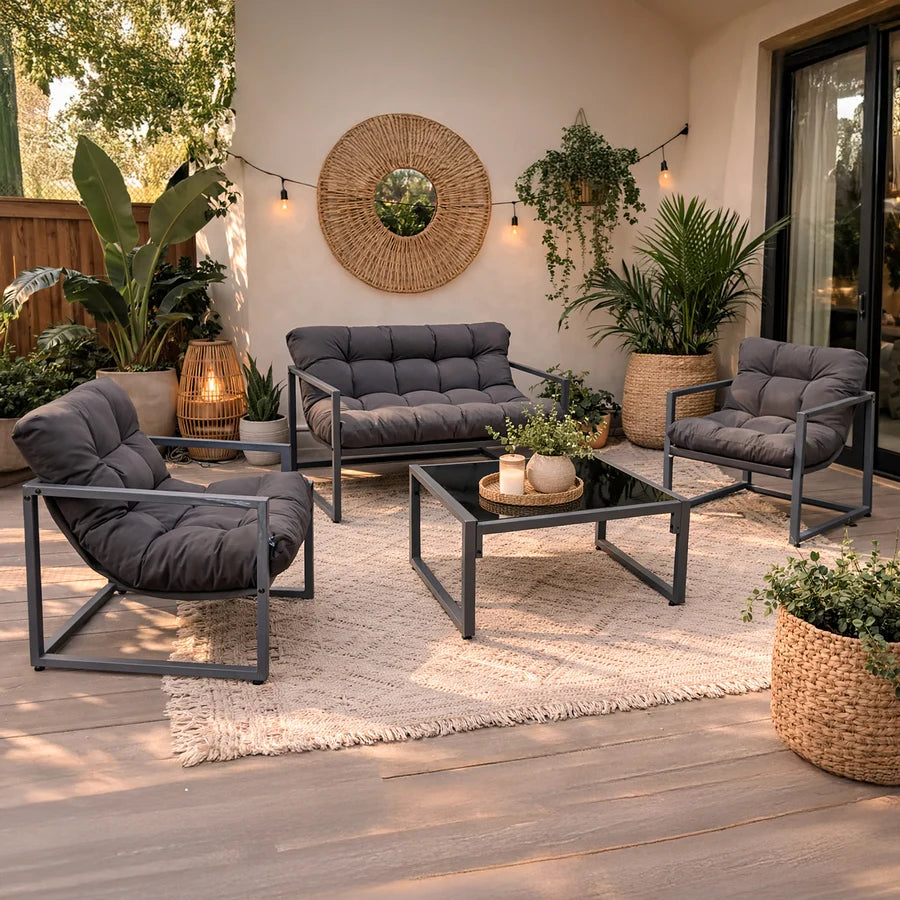 Neo 4 Piece Outdoor Metal Patio Furniture Set with Cushions Glass Table in Grey by Debenhams