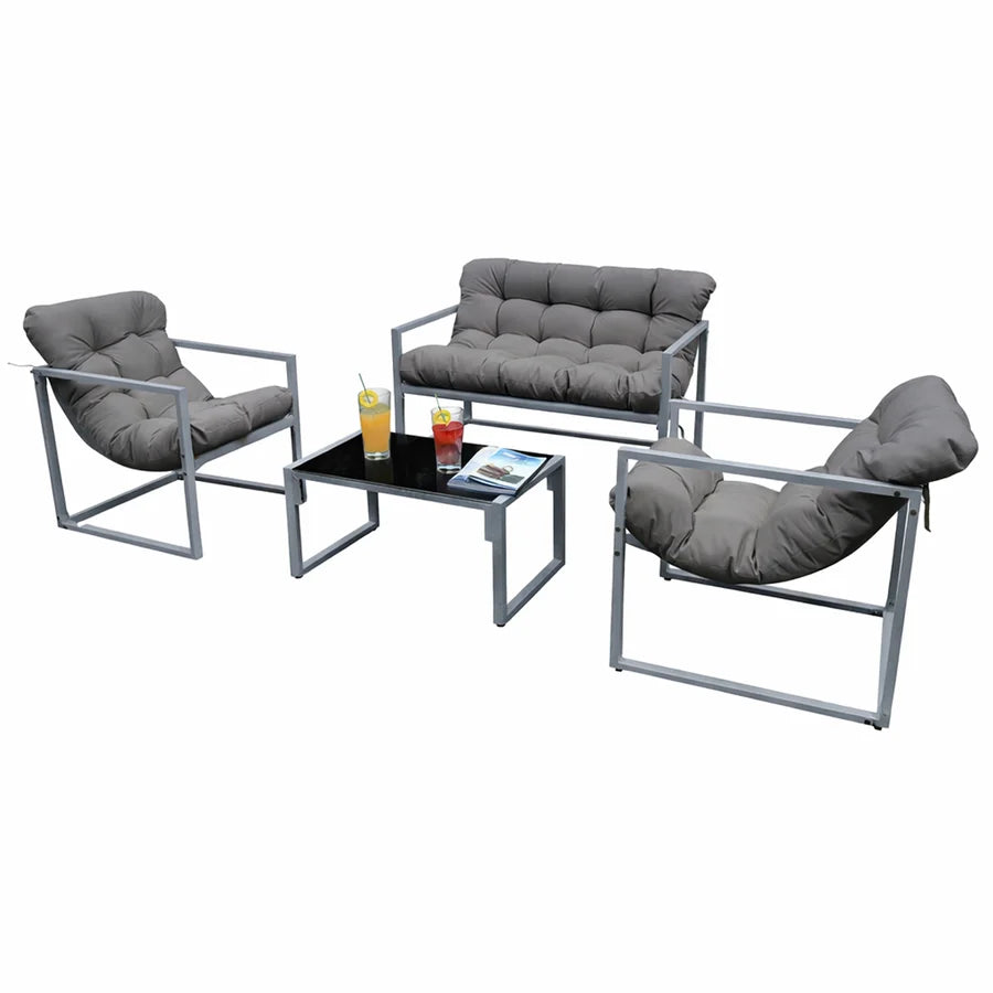 Neo 4 Piece Outdoor Metal Patio Furniture Set with Cushions Glass Table in Grey by Debenhams