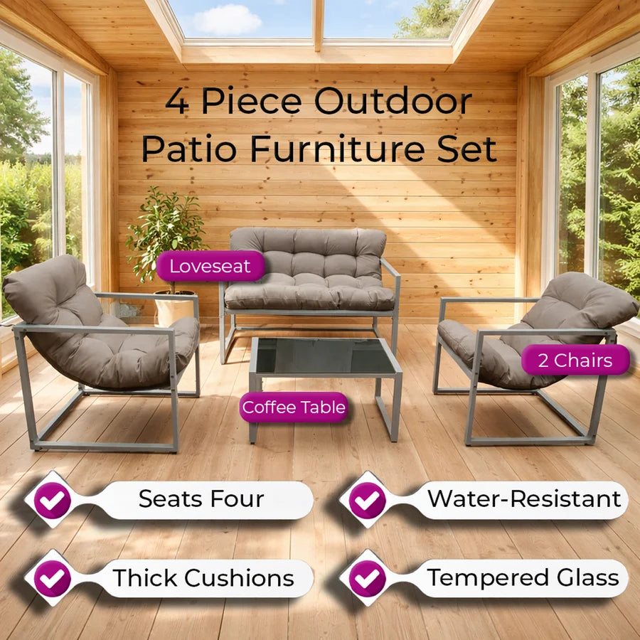 Neo 4 Piece Outdoor Metal Patio Furniture Set with Cushions Glass Table in Grey by Debenhams