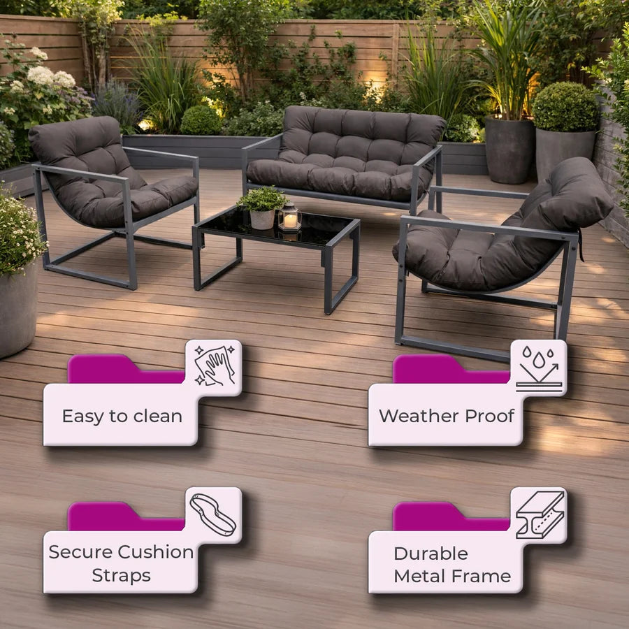 Neo 4 Piece Outdoor Metal Patio Furniture Set with Cushions Glass Table in Grey by Debenhams