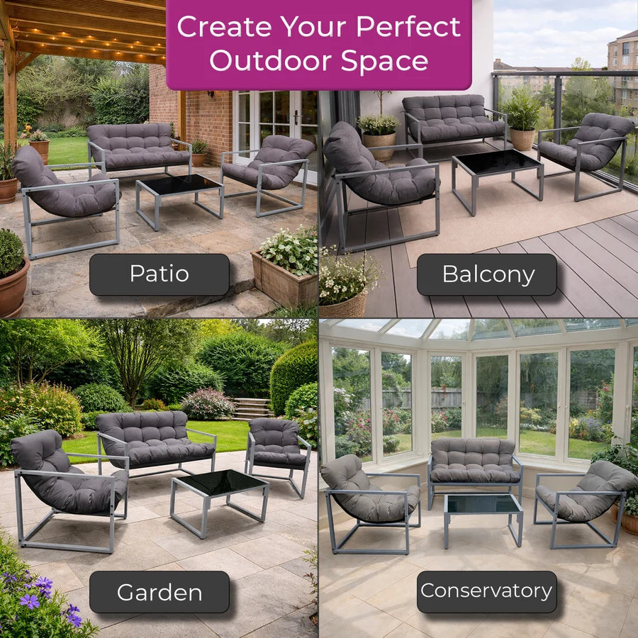 Neo 4 Piece Outdoor Metal Patio Furniture Set with Cushions Glass Table in Grey by Debenhams