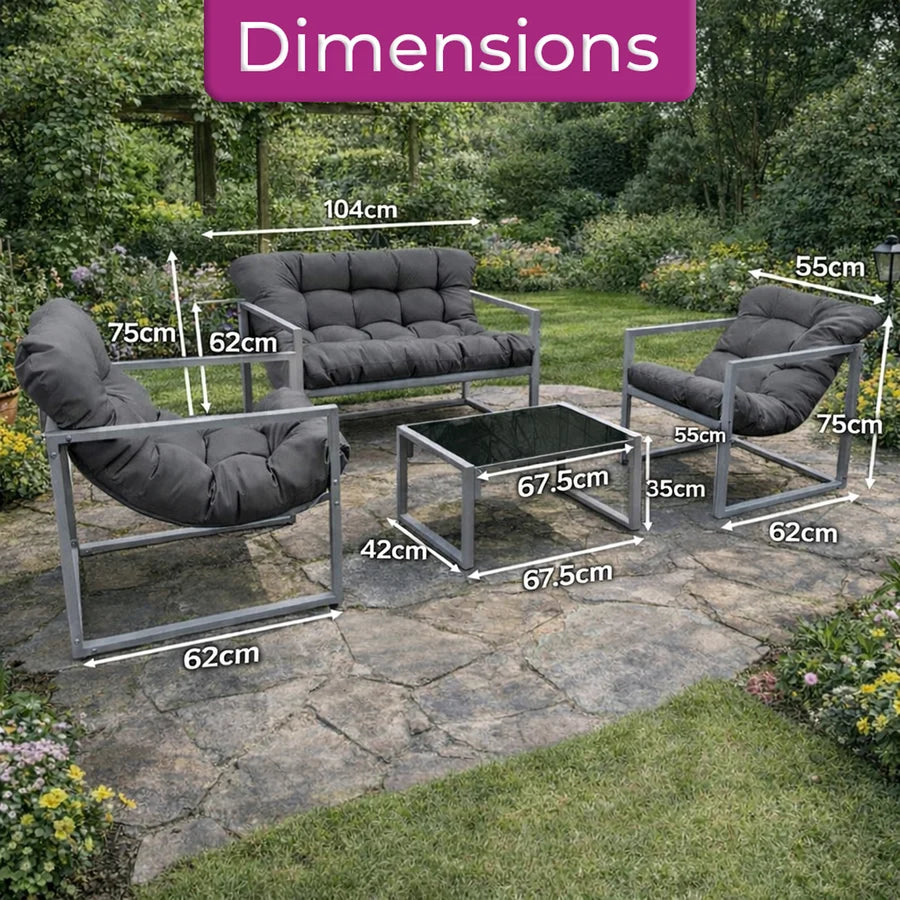 Neo 4 Piece Outdoor Metal Patio Furniture Set with Cushions Glass Table in Grey by Debenhams