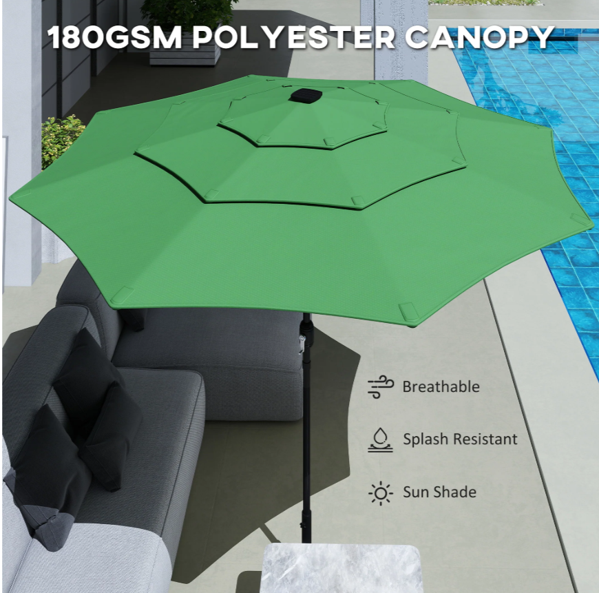 3 m Garden Parasol with 3-Tier Roof, Crank Handle & Tilt, Green