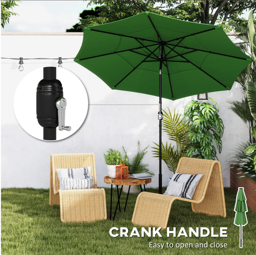 3 m Garden Parasol with 3-Tier Roof, Crank Handle & Tilt, Green