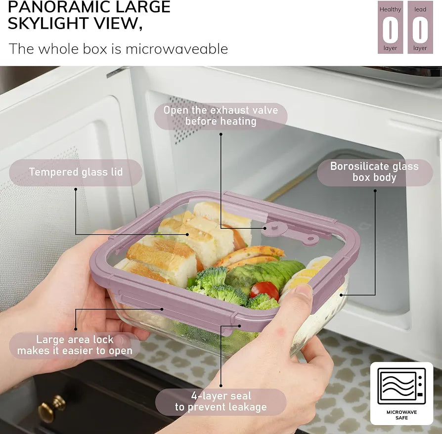 35.2oz Glass Meal Prep Containers with Snap Lock Lids  - Freezer to Oven Safe –20°C to 510°C, BPA-Free, Stackable, Vent Valve for Easy Open, Borosilicate Glass Baking Dish（Pink）