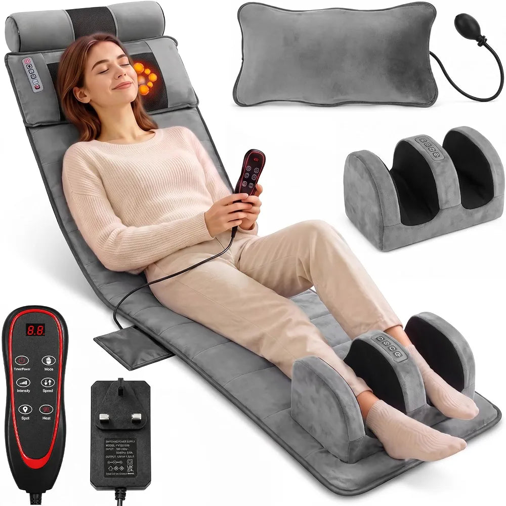 Full Body Massage Mattress – Heated Massage Mat with Detachable Foot Massager, 9 Vibrating Modes, 3 Heat Settings, Relieves Muscle Tension for Back, Neck & Legs, Timer
