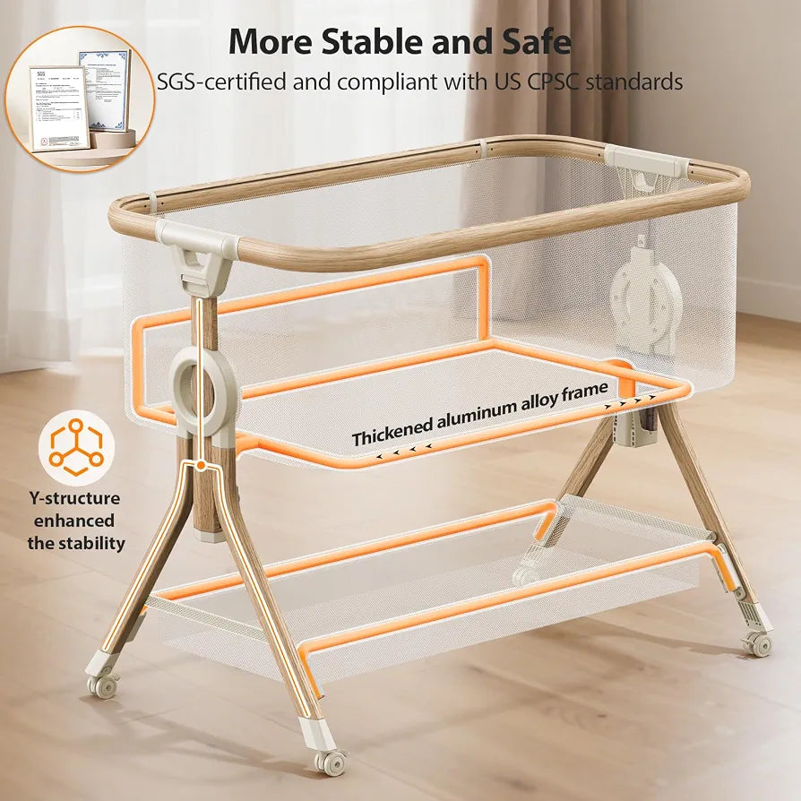 Larex Next To Me Crib，Baby Bassinet Bedside Sleeper Crib Co Sleeper with Mosquito Net, Storage Bag & Basket,Baby Crib with 5-Height Adjustable Levels, Breathable Mattress & Mesh
