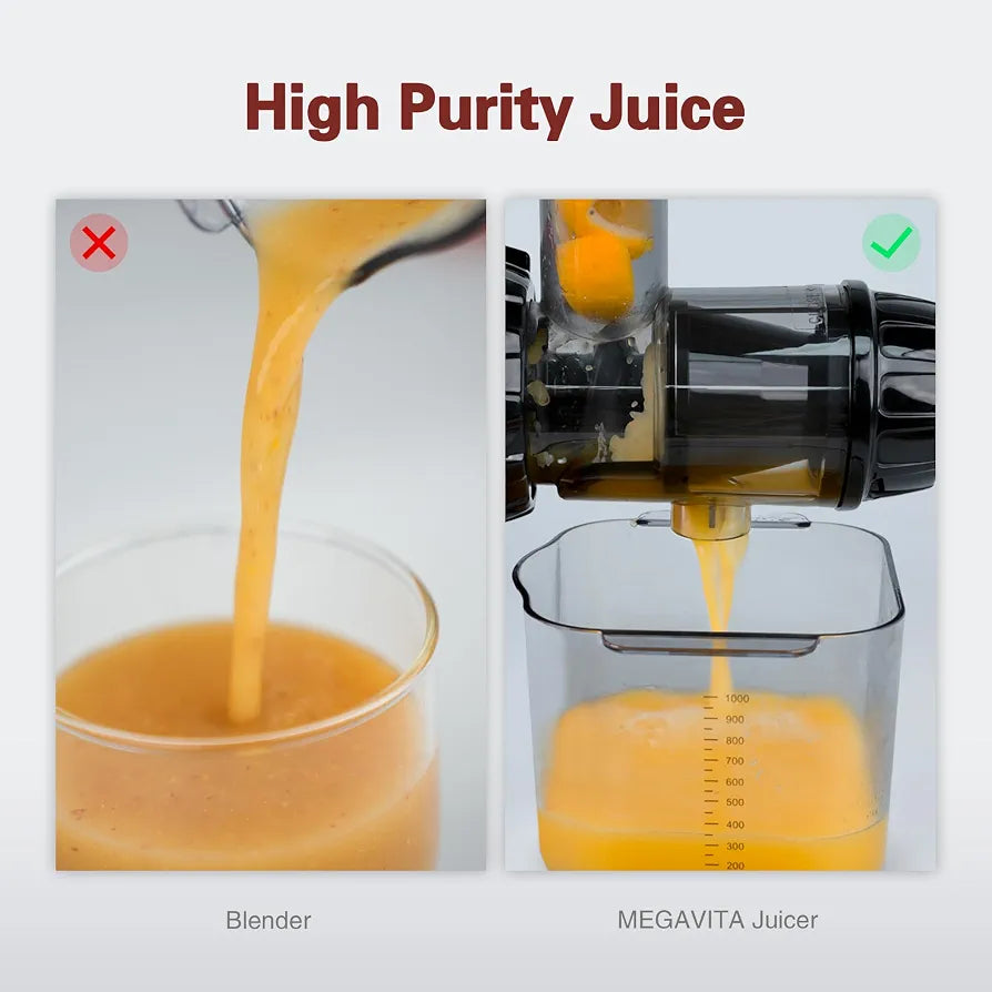 Cold Press Juicer Machine, MEGAVITA Slow Juicer Cold Press with Auger, Low Decibels Juicers for Whole Fruit and Vegetable,Black