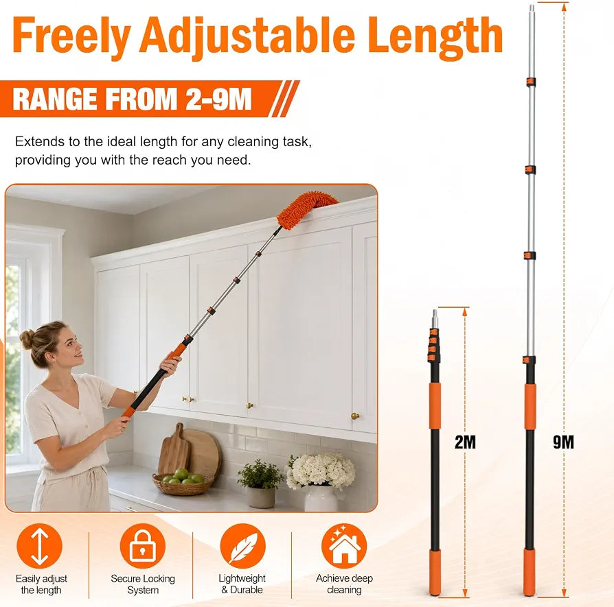 LAANPOLE 9m Feather Duster Kit with Telescopic Pole, Extendable Microfiber Duster for High Ceiling, Long Handled Duster Kit with Cobweb Brush & Telescopic Window Cleaner