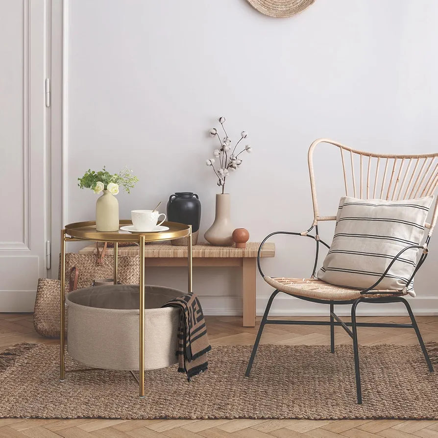 danpinera Gold Side Table with Basket, Small Round Table for Living Room