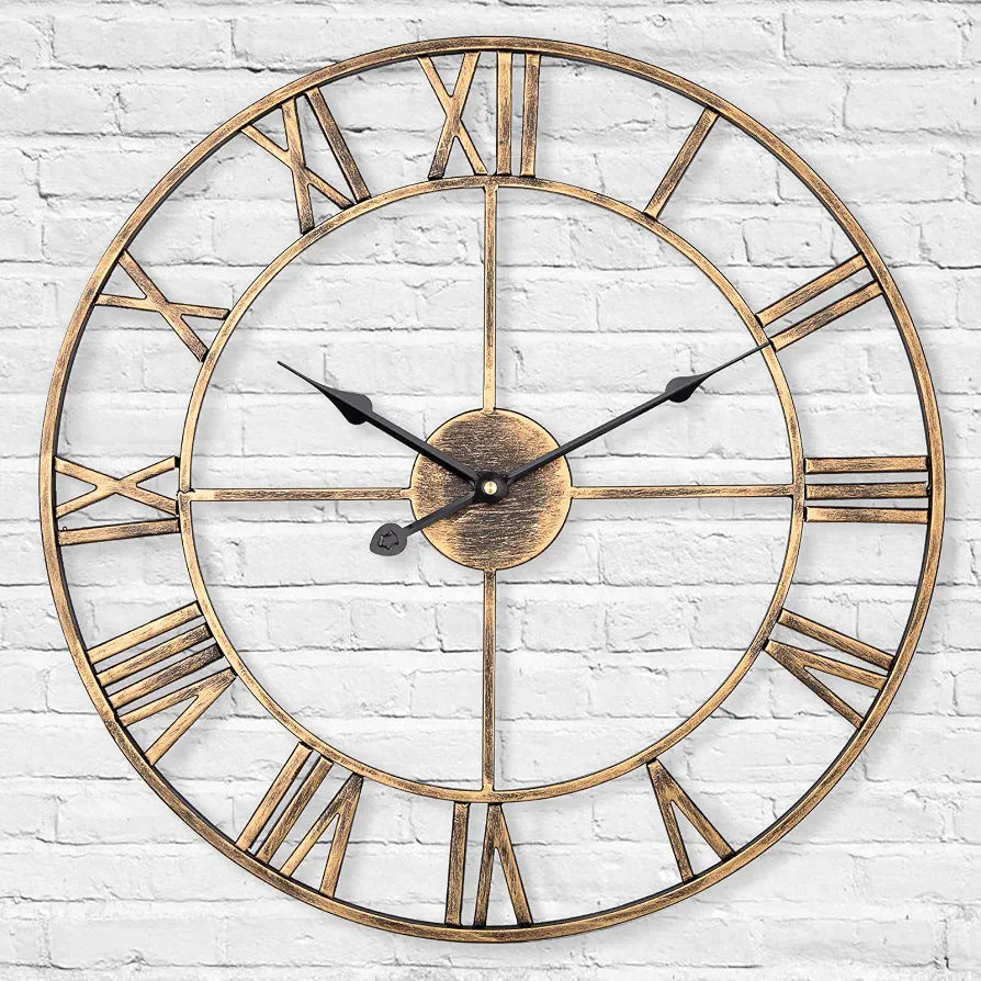 Silent Metal Skeleton Wall Clock, 60cm European Farmhouse Vintage Clock with Roman Numeral, Non-Ticking Battery Operated Hanging Wall Clock for Home Kitchen Cafe Hotel Office Decor