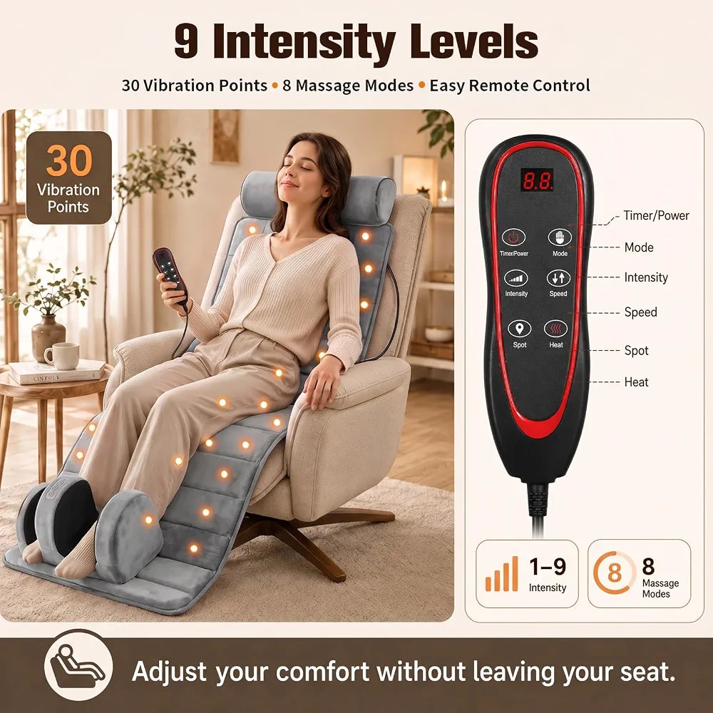 Full Body Massage Mattress – Heated Massage Mat with Detachable Foot Massager, 9 Vibrating Modes, 3 Heat Settings, Relieves Muscle Tension for Back, Neck & Legs, Timer