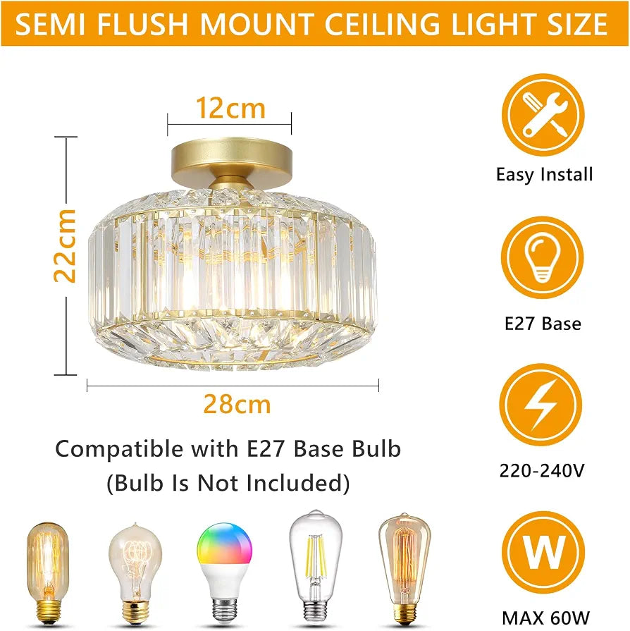 Rayofly Modern Crystal Chandeliers, Gold Ceiling Light Fitting with Glass Lampshade, Semi Flush Lights for Living Room, Bedroom, Kitchen, Hallway, Bathroom