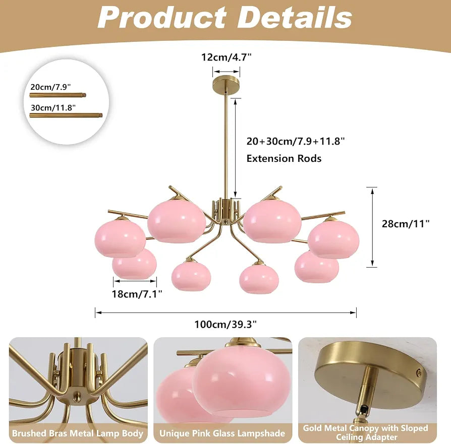 KCO Lighting Vintage Pink Glass Sputnik Chandelier with 8 Lights, Modern Living Room Brushed Brass Semi-Flush Mount Chandelier for Kitchen Island