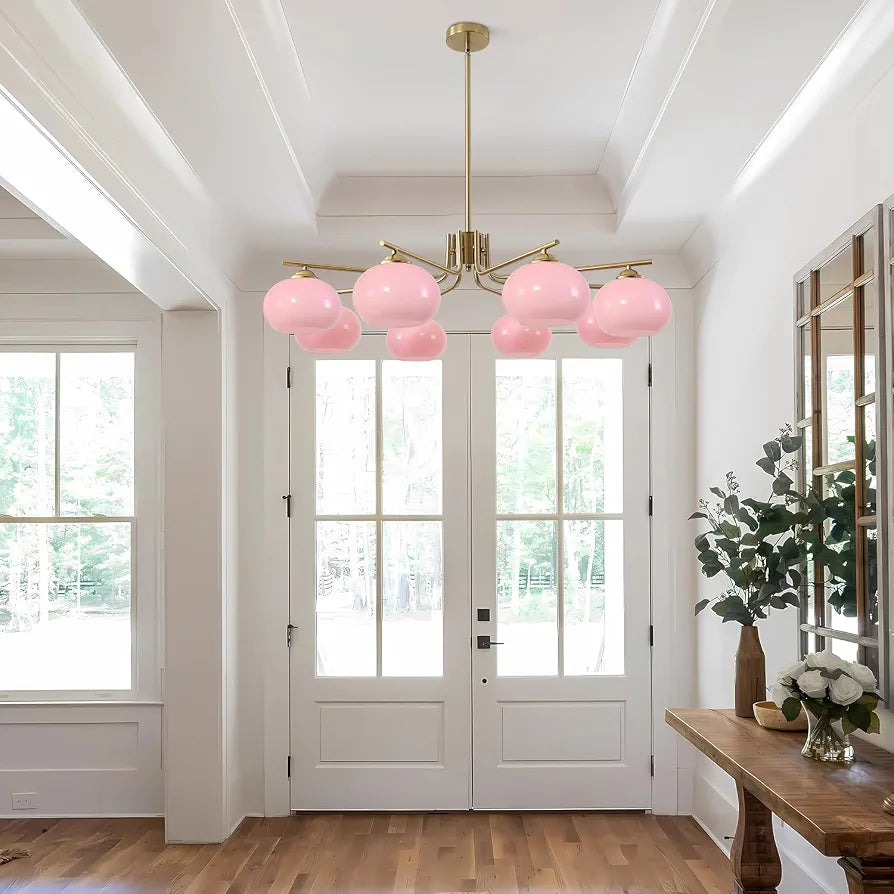 KCO Lighting Vintage Pink Glass Sputnik Chandelier with 8 Lights, Modern Living Room Brushed Brass Semi-Flush Mount Chandelier for Kitchen Island