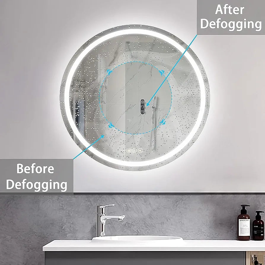 Bathroom LED Mirror Round 60cm Lighted Illuminated Backlit Light Up Mirror with Touch Switch Color Change Anti-Fog Wall Mounted