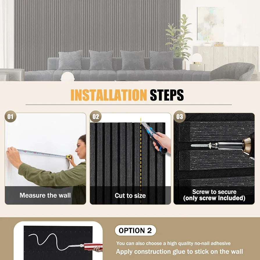 DOLLAR BOSS Wood Panels for Walls, Acoustic Wall Panels 240x20cm 2 Pack, Sound Absorbing Wooden Slats, Decorative 3D Wall Panels, Modern Wall Decor for Office, Bedroom, Kitchen Black