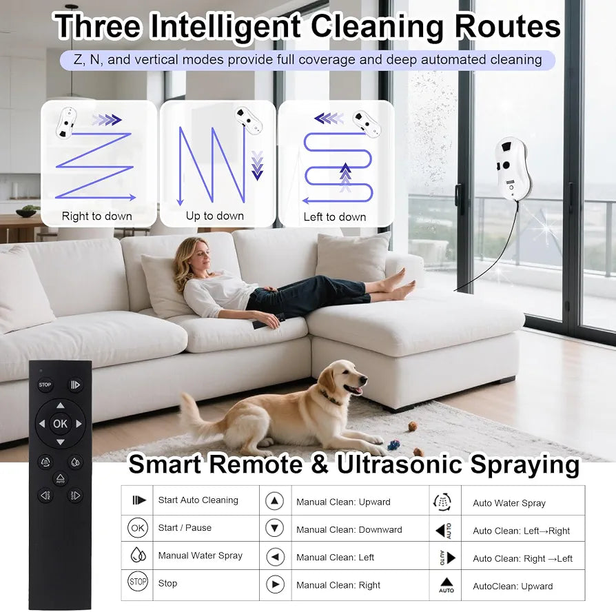 Robot Window Cleaner with Automatic Spraying System, 5600Pa Suction Power Window Cleaning Robot, Remote Control, 4M Safety Rope, Electric Glass Cleaner for Windows, Doors and Tiles