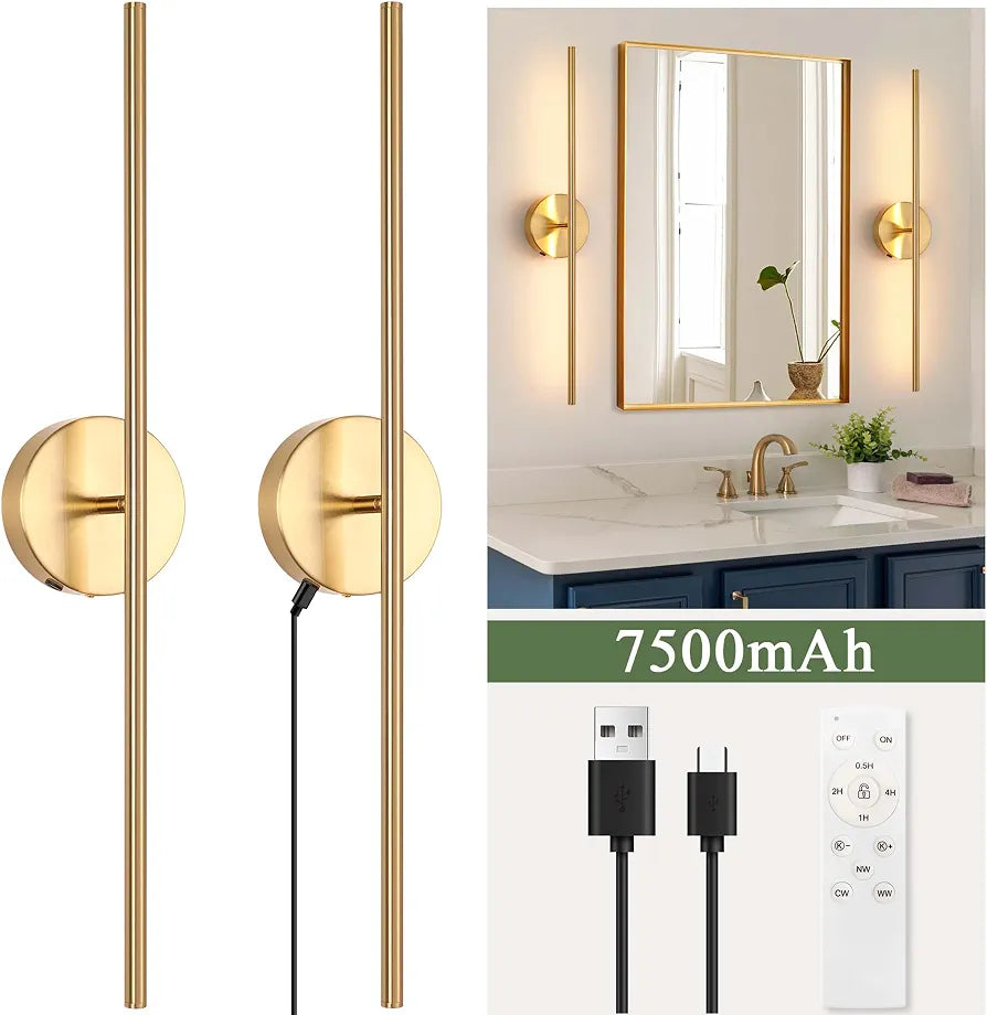 Wall Sconces,Battery Operated Wall Sconces Set of 2 7500mAh Endurance 100 Hours,3000K-6000K Dimmable LED Wireless Wall Light for Bathroom, Mirror, Living Room, Bedroom, Hallway